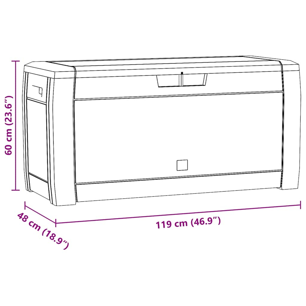 Strichzeichnung einer Aufbewahrungsbox mit Maßangaben: 60 cm hoch, 48 cm tief und 119 cm breit. Mit Griff oben.