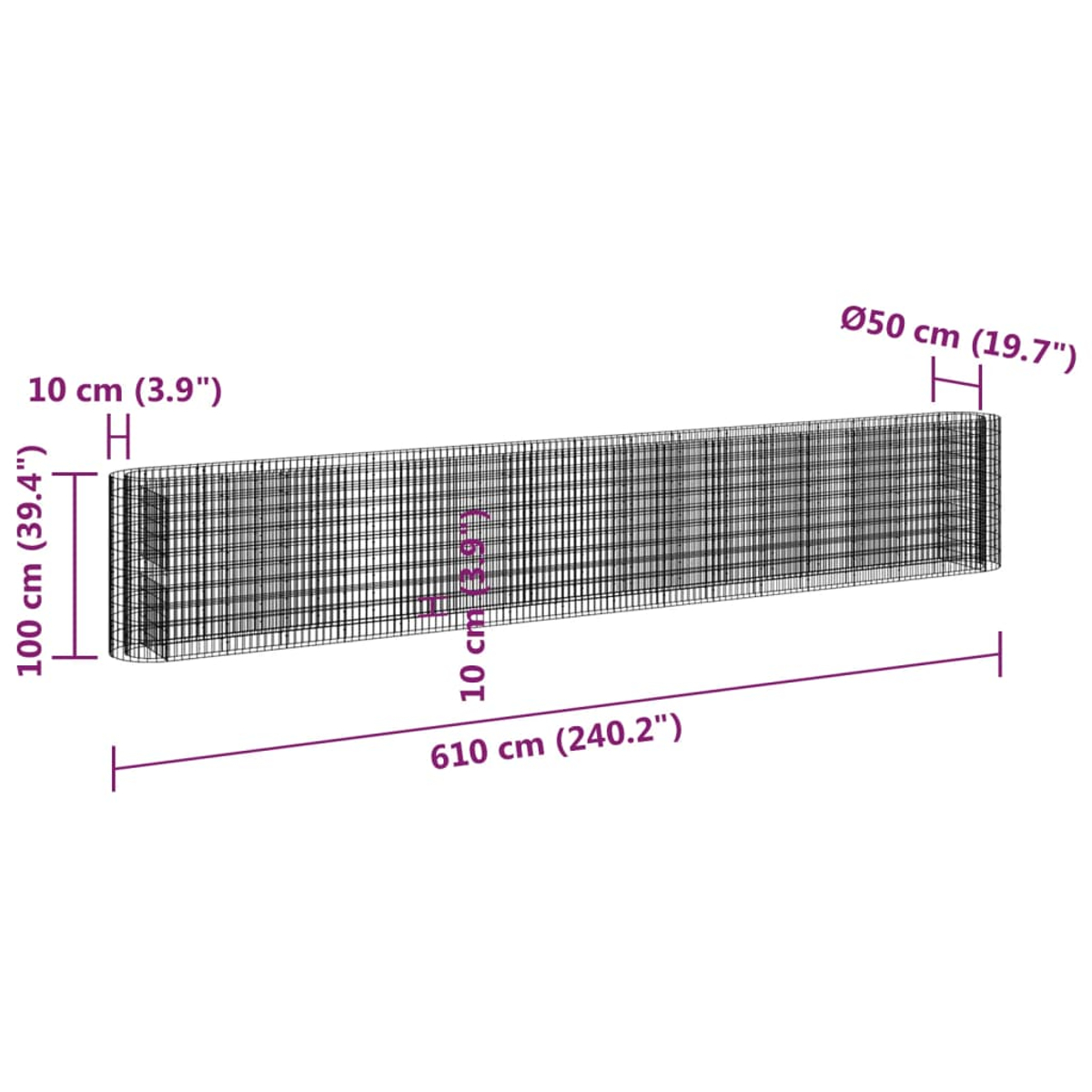 Eine rechteckige Drahtrahmenstruktur, Abmessungen in cm und Zoll beschriftet: 610 cm lang, 100 cm hoch, 10 cm tief.