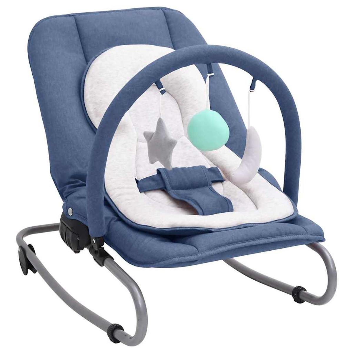 Blauer Babywippe mit weißen und grauen Akzenten. Mit Spielzeug, das an einem Bogen hängt. Graue Basis ermöglicht Schaukeln.