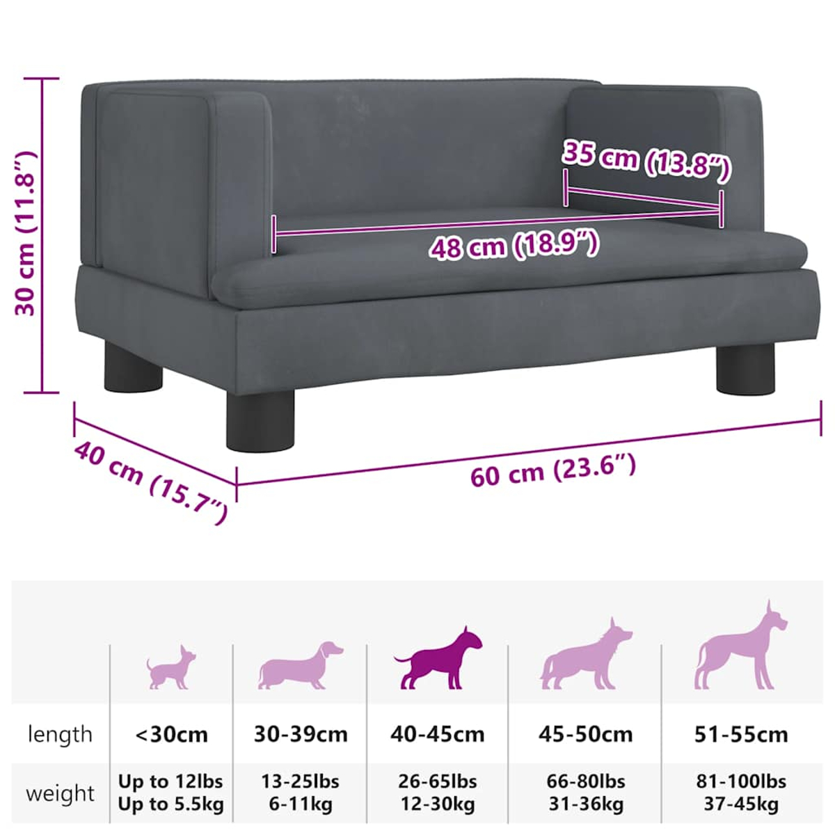 Ein graues Haustiersofa mit Größenangaben. Es hat schwarze Beine und eine Größentabelle für Hunde.