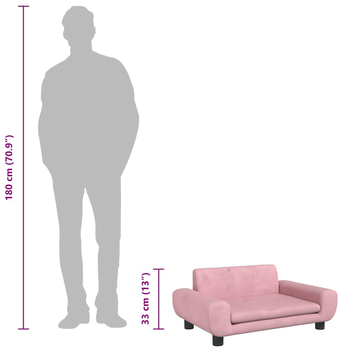 Eine Männersilhouette steht neben einem kleinen rosa Haustiersofa. Abmessungen in cm sind angegeben. Der Hintergrund ist weiß.