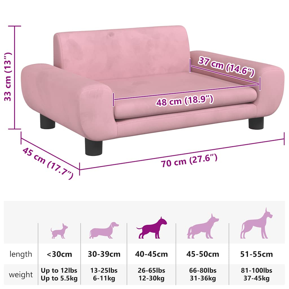 Rosa Hundesofa mit Maßen. Länge: 70cm, Breite: 45cm, Höhe: 33cm. Größentabelle mit Hundesilhouetten und Größenbereichen.