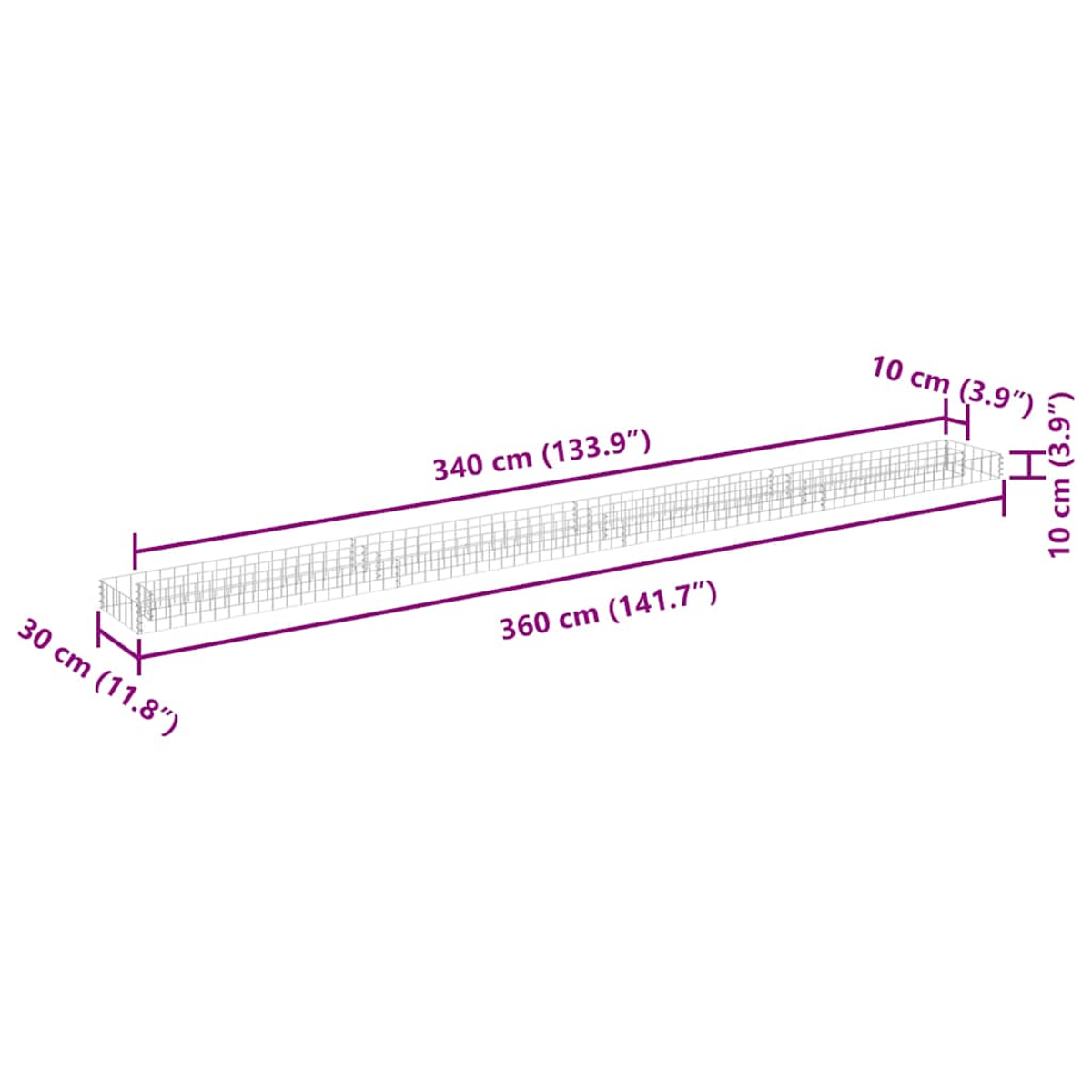 Eine Drahtrahmenstruktur mit Maßangaben: 360 cm, 340 cm, 30 cm und 10 cm. Die Struktur ist grau auf weißem Hintergrund.