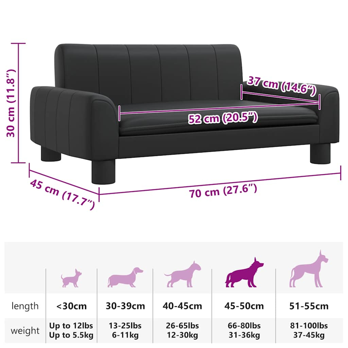 Schwarzes Hundesofa mit Maßangaben. Darunter eine Größentabelle für Hunde nach Länge und Gewicht.