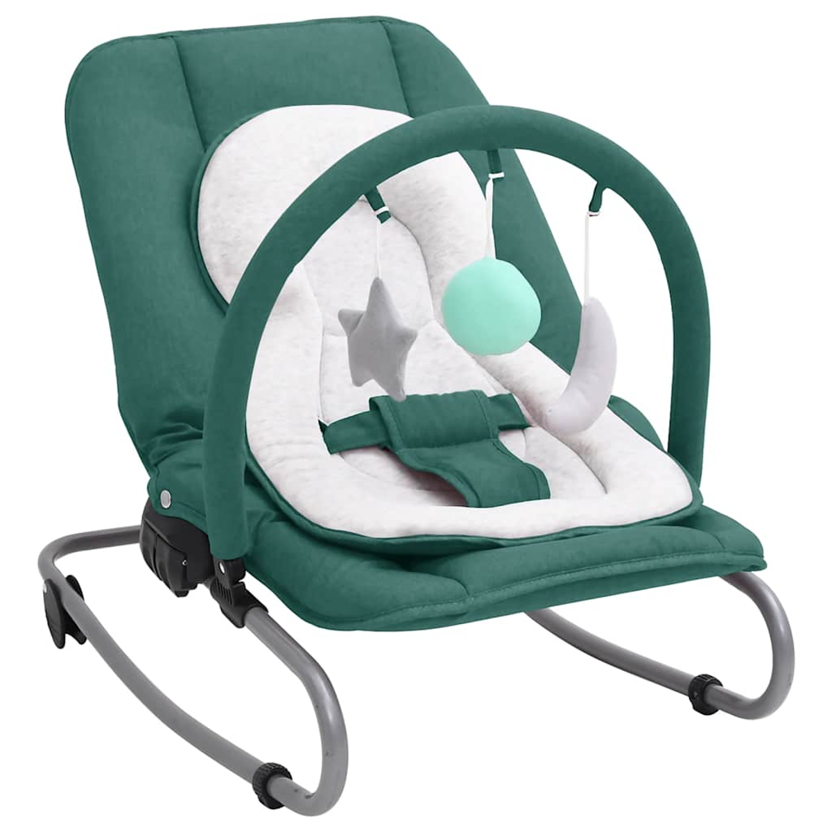 Ein grün-weißer Babywippsitz mit Spielzeug, das an einer Stange hängt. Er hat ein graues Gestell und einen Sicherheitsgurt.