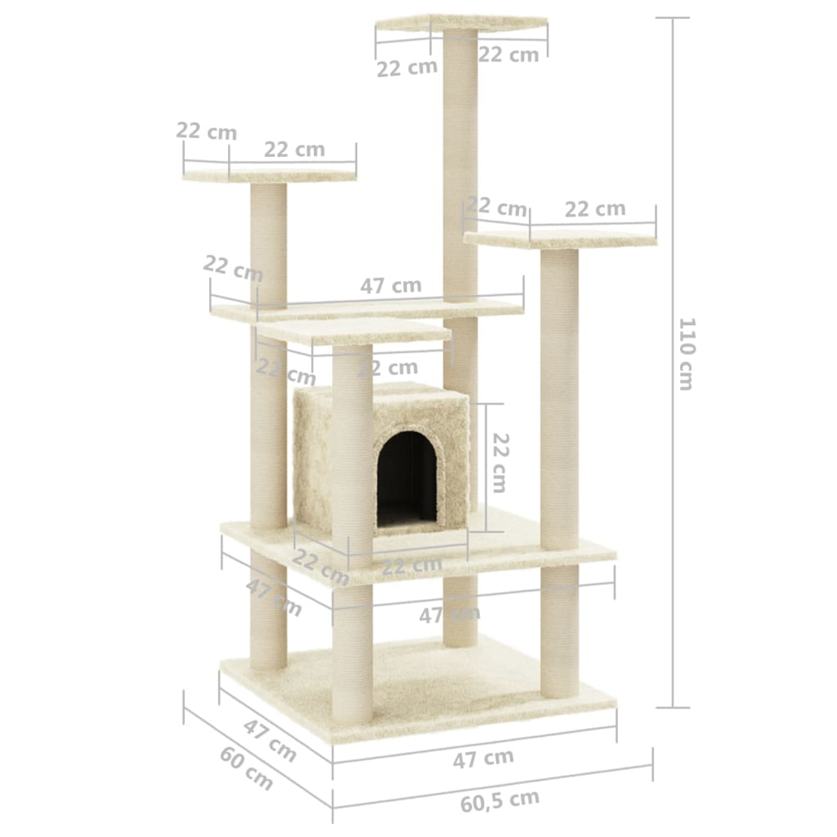 Ein beiger Katzenbaum mit mehreren Plattformen, einem Haus und Kratzpfosten. Die Maße sind in Zentimetern angegeben.