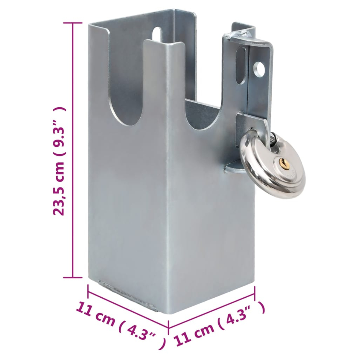 Ein silberner Metallschlosskasten mit Vorhängeschloss. Abmessungen: 23,5 cm (9,3") hoch und 11 cm (4,3") breit.