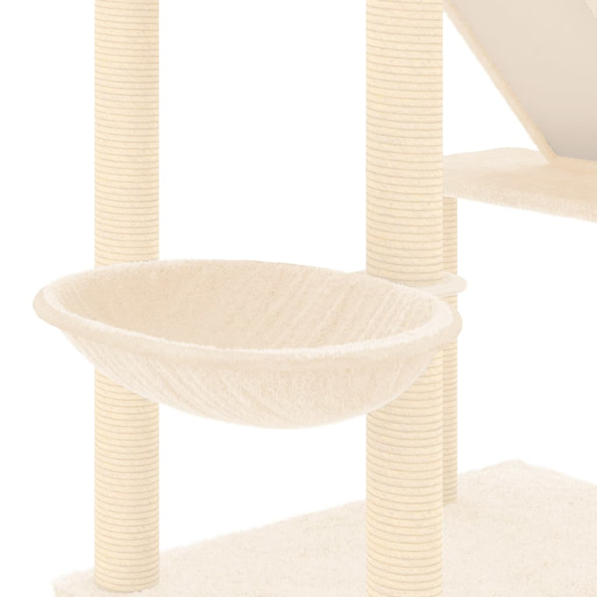 Ein beiger Katzenbaum mit Hängematte, Plattformen und Kratzbäumen. Die Struktur besteht aus hellen Materialien.