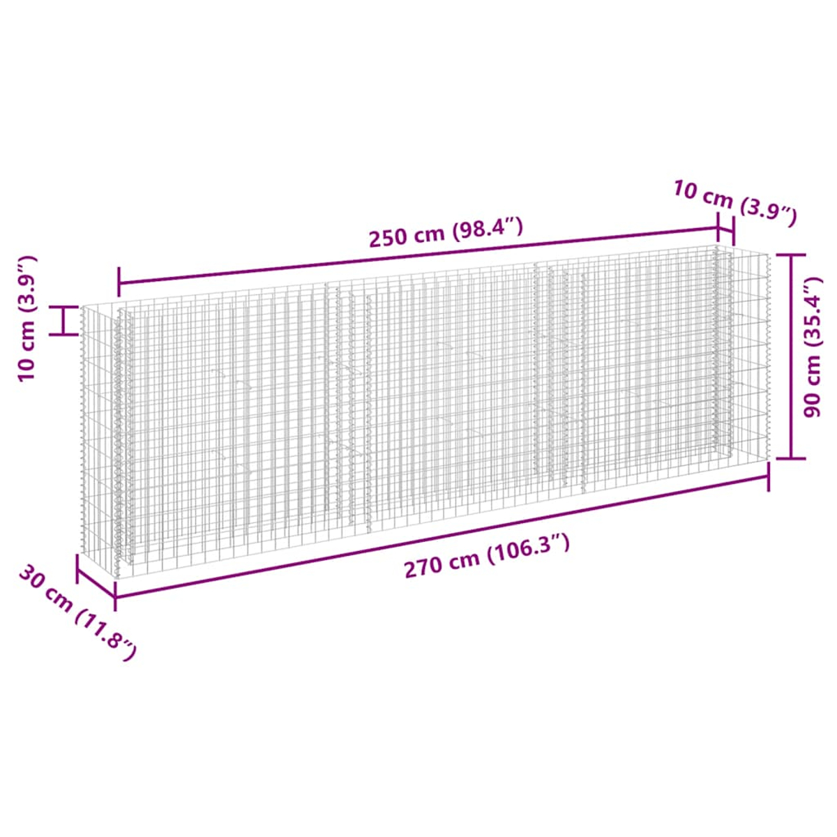 Eine Drahtgitterstruktur mit Maßangaben. Sie ist 270 cm lang und 90 cm hoch. Die Vorderseite ist 30 cm. Maße sind in cm und Zoll.