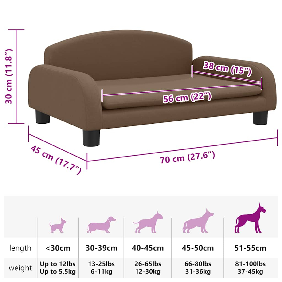 Ein braunes Hundesofa mit Maßangaben. Es hat schwarze Beine, und eine Tabelle darunter zeigt die Hundegröße nach Länge und Gewicht.