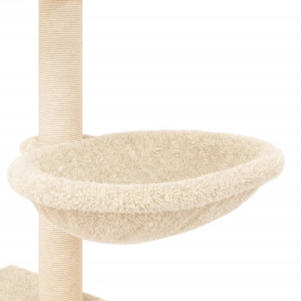 Ein Katzenbaum mit einem beigefarbenen, flauschigen Bett und einem Kratzbaum. Der Pfosten ist mit beigem Seil umwickelt.