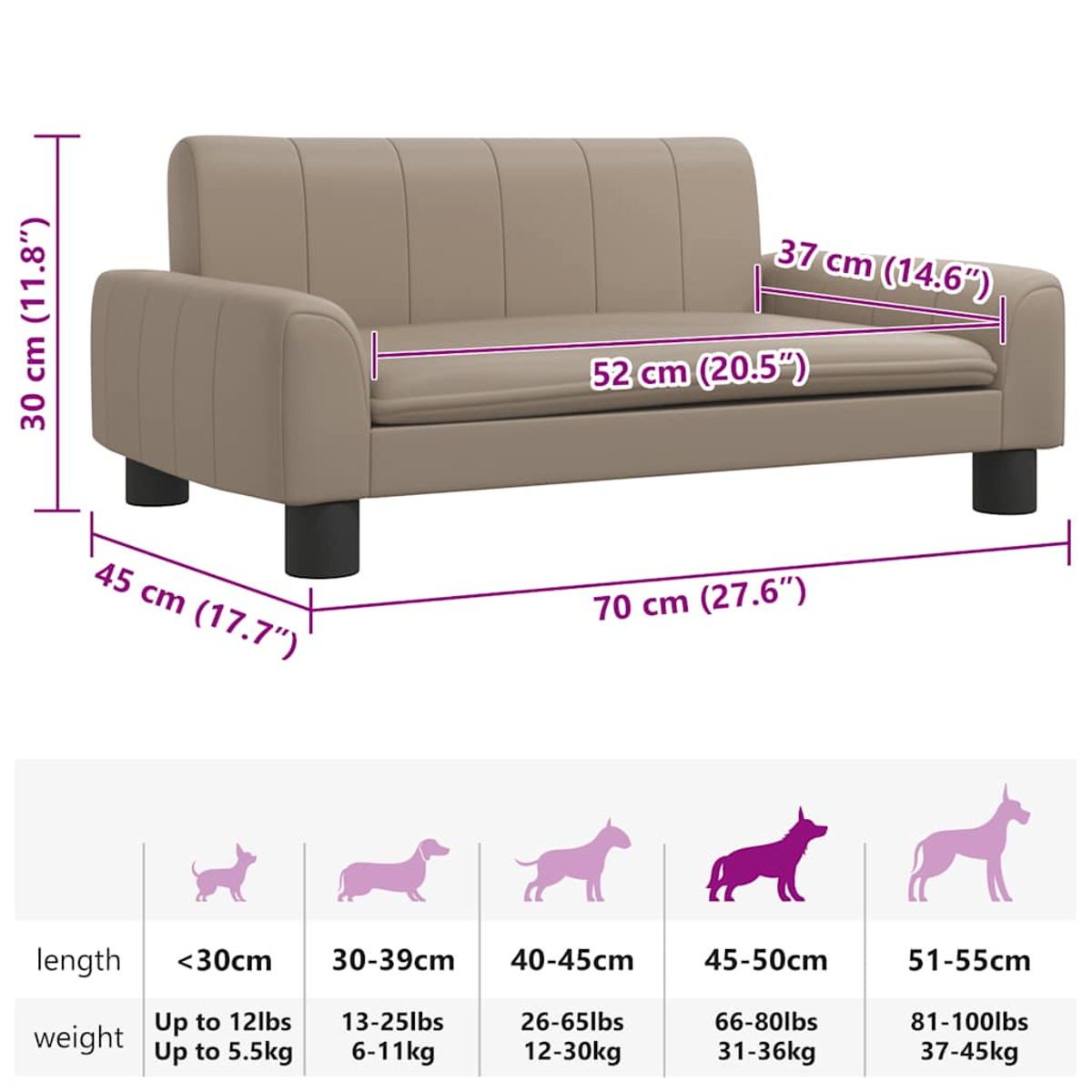 Beiges Haustiersofa mit Maßangaben. Darunter Richtlinien zur Hundegröße nach Länge und Gewicht.