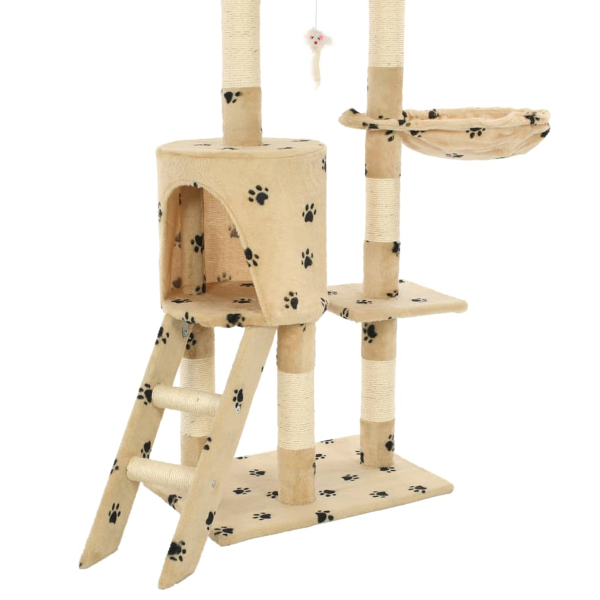 Ein beiger Kratzbaum mit Pfotenabdrücken, einer Leiter, einem Haus, einer Hängematte und einer hängenden Spielzeugmaus. Basis und Pfosten sind mit Seil umwickelt.