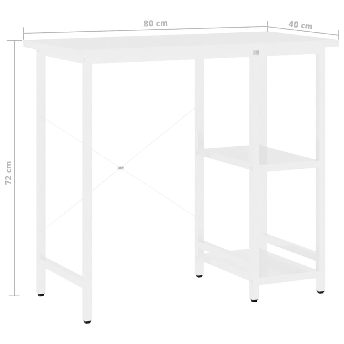 Weißer Schreibtisch mit Maßangaben. Er hat eine Oberseite, zwei Regale und Beine. Die Maße sind 80 cm, 40 cm und 72 cm.