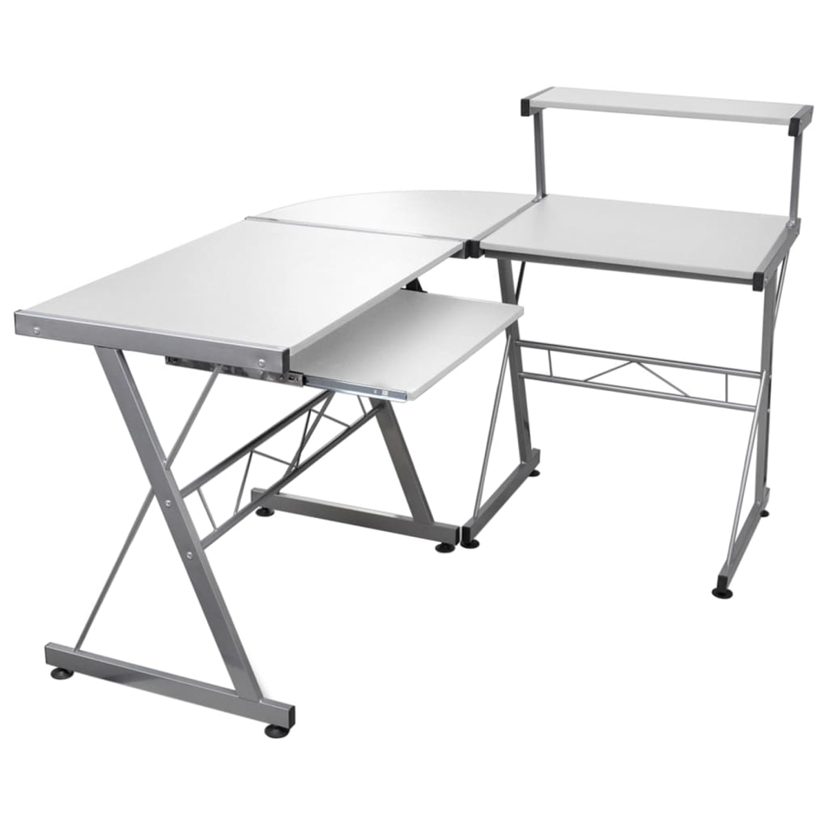 Ein weißer und grauer Computertisch mit mehreren Oberflächen und einer Tastaturablage. Der Rahmen ist metallisch.