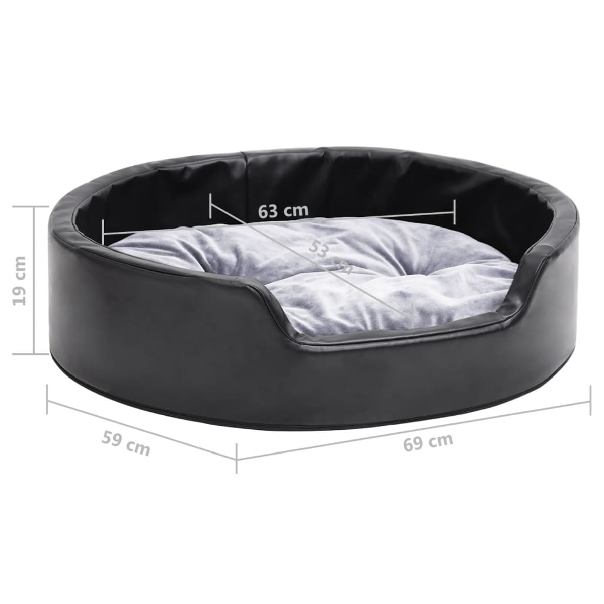 Ein schwarzes Hundebett mit grauem Kissen. Die Abmessungen sind 69 cm x 59 cm x 19 cm, mit einer Kissengröße von 63 cm x 53 cm.
