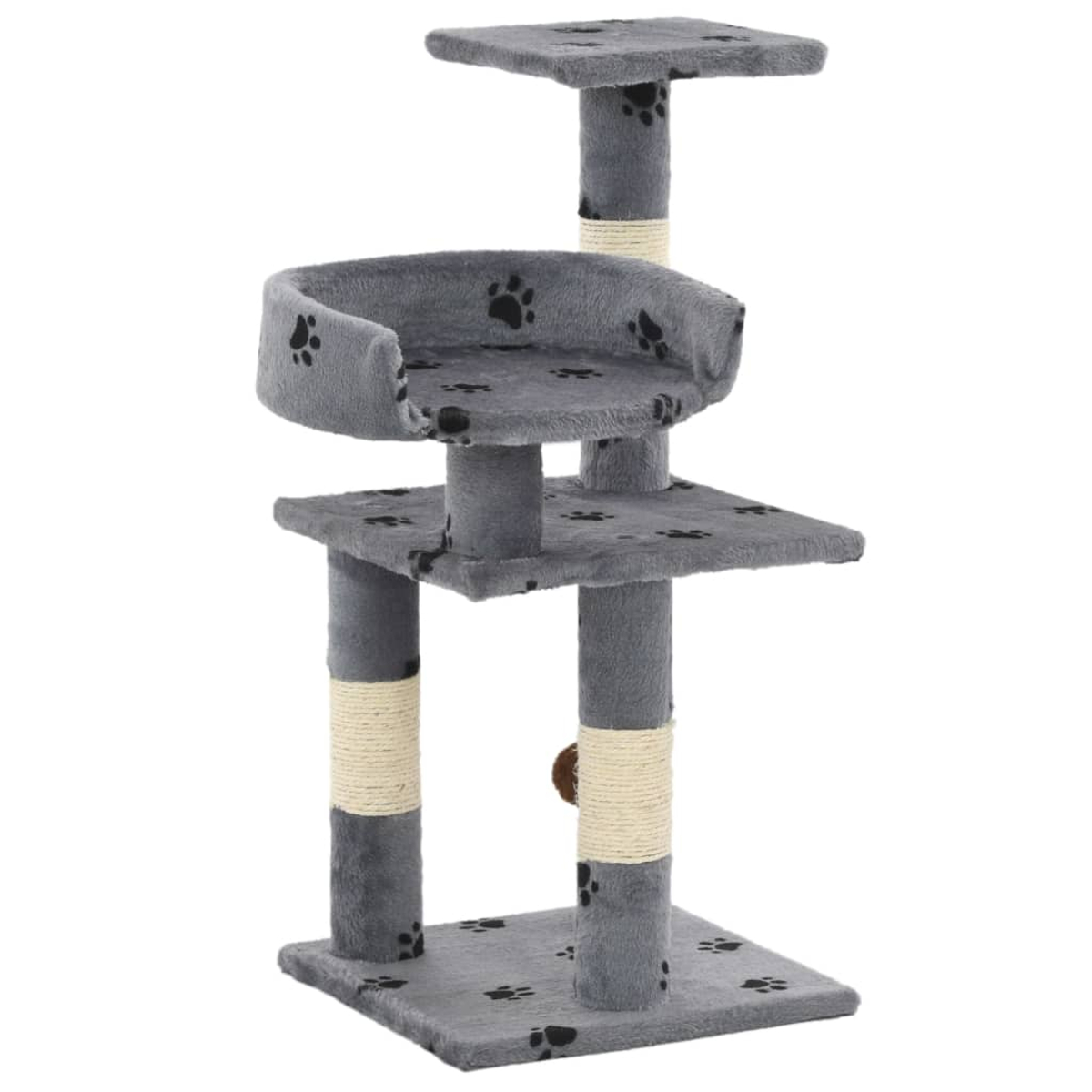 Ein grauer Katzenbaum mit mehreren Ebenen, Plattformen und Kratzbäumen. Er hat Pfotenabdruckdetails und ein hängendes Spielzeug.