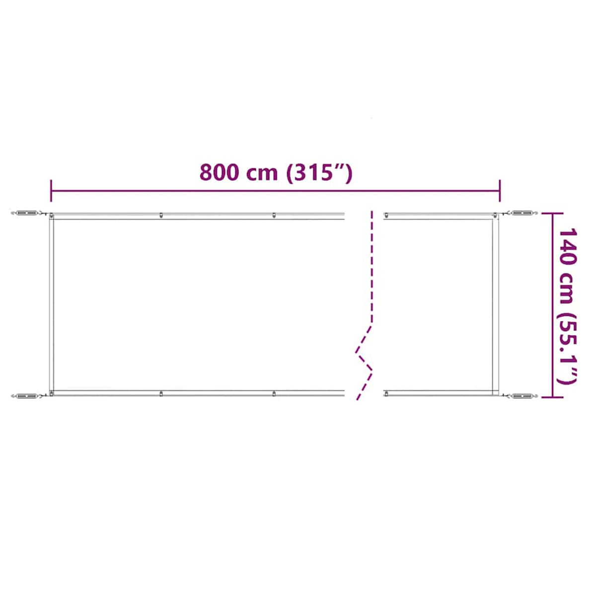 Diagramm mit einem rechteckigen Gebilde, beschriftet mit den Maßen: 800 cm (315") und 140 cm (55,1").