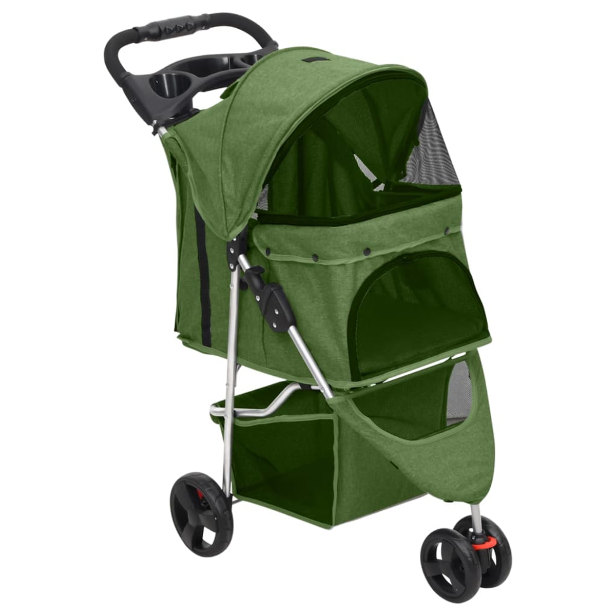 Ein grüner Haustier-Kinderwagen mit Verdeck, schwarzem Griff und Rädern. Er hat ein Staufach und ein Netzfenster.
