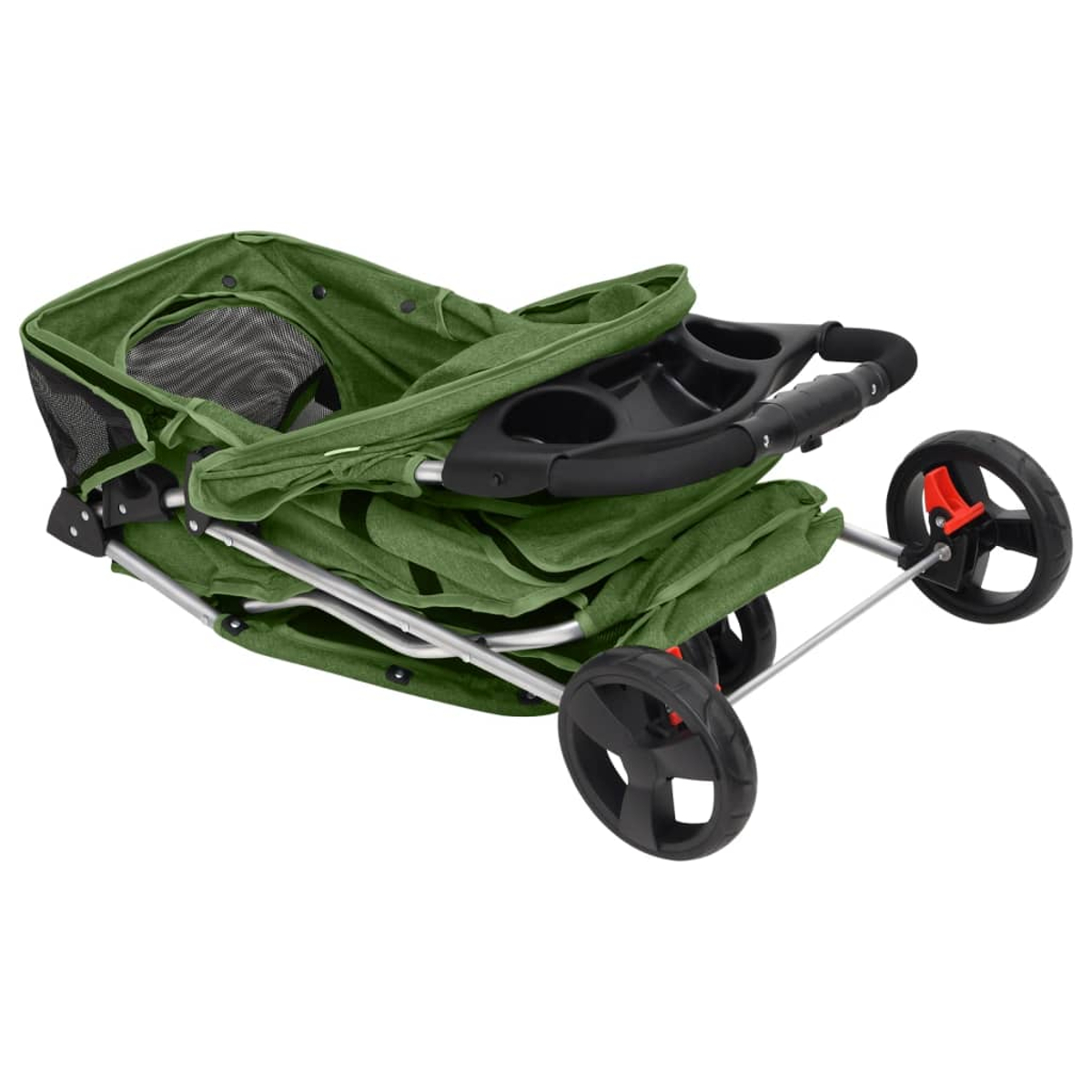Zusammengeklappter grüner Haustier-Kinderwagen. Mit schwarzen Rädern, Getränkehalter und Netzfenster. Das Gestell ist silberfarben.