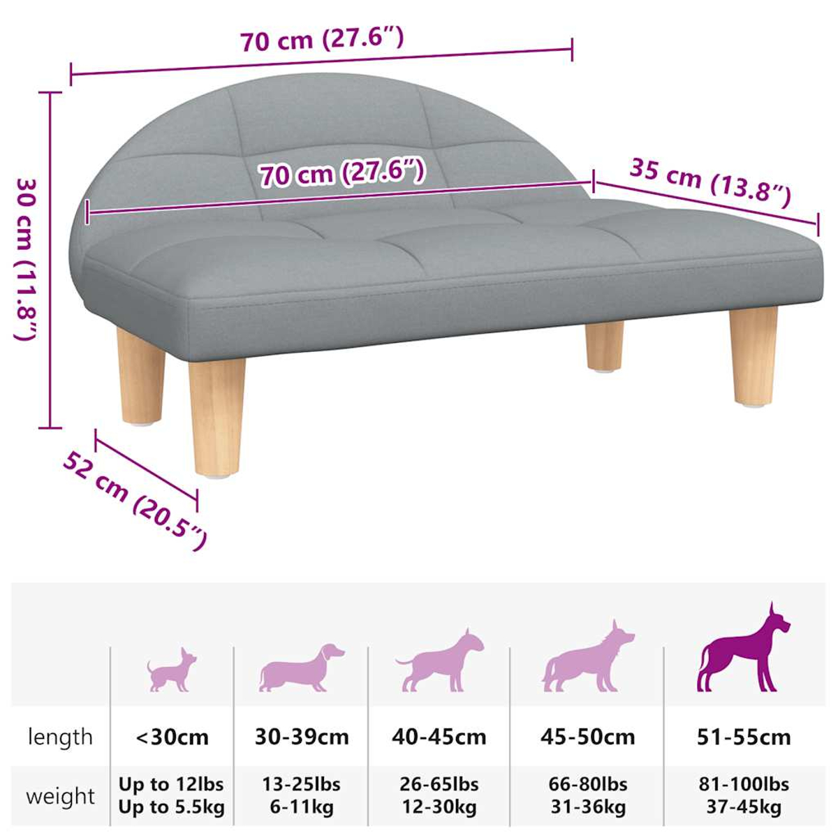 Graues Haustiersofa mit Holzbeinen. Maße in cm und Zoll angegeben. Größenangaben für Hunde mit Länge und Gewicht.
