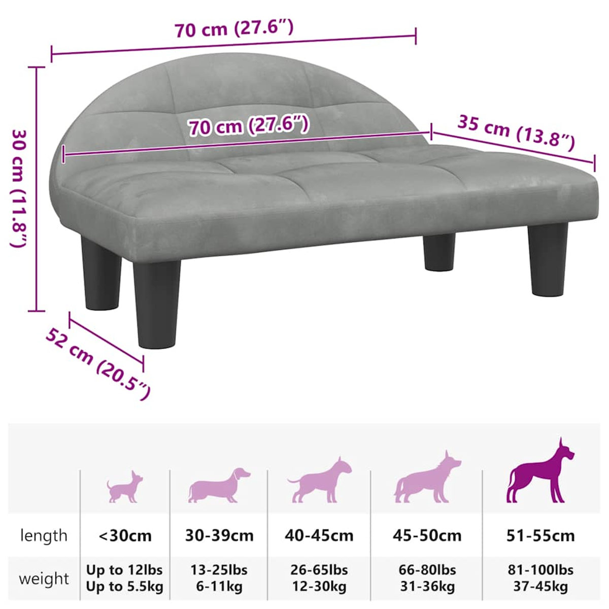 Graues Haustierbett mit schwarzen Beinen. Abmessungen sind beschriftet. Icons für Hundegrößen und -gewichte befinden sich unten.