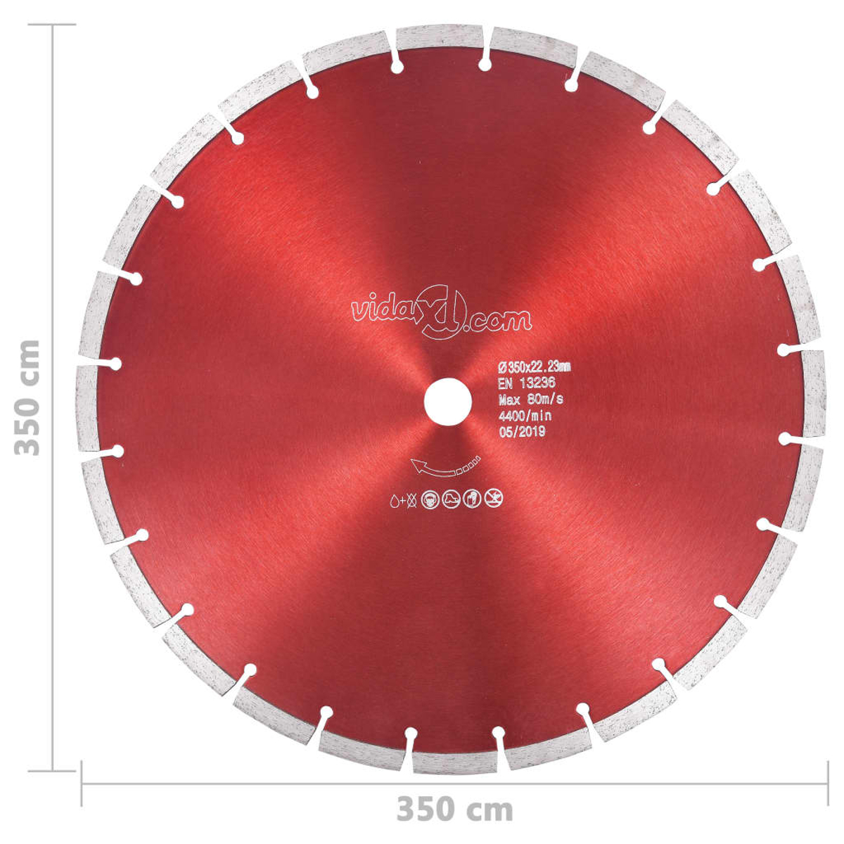 Eine kreisförmige, rote Schneidscheibe mit weißen Segmenten am Rand. Sie hat Text und Symbole, und die Abmessungen sind 350 cm.