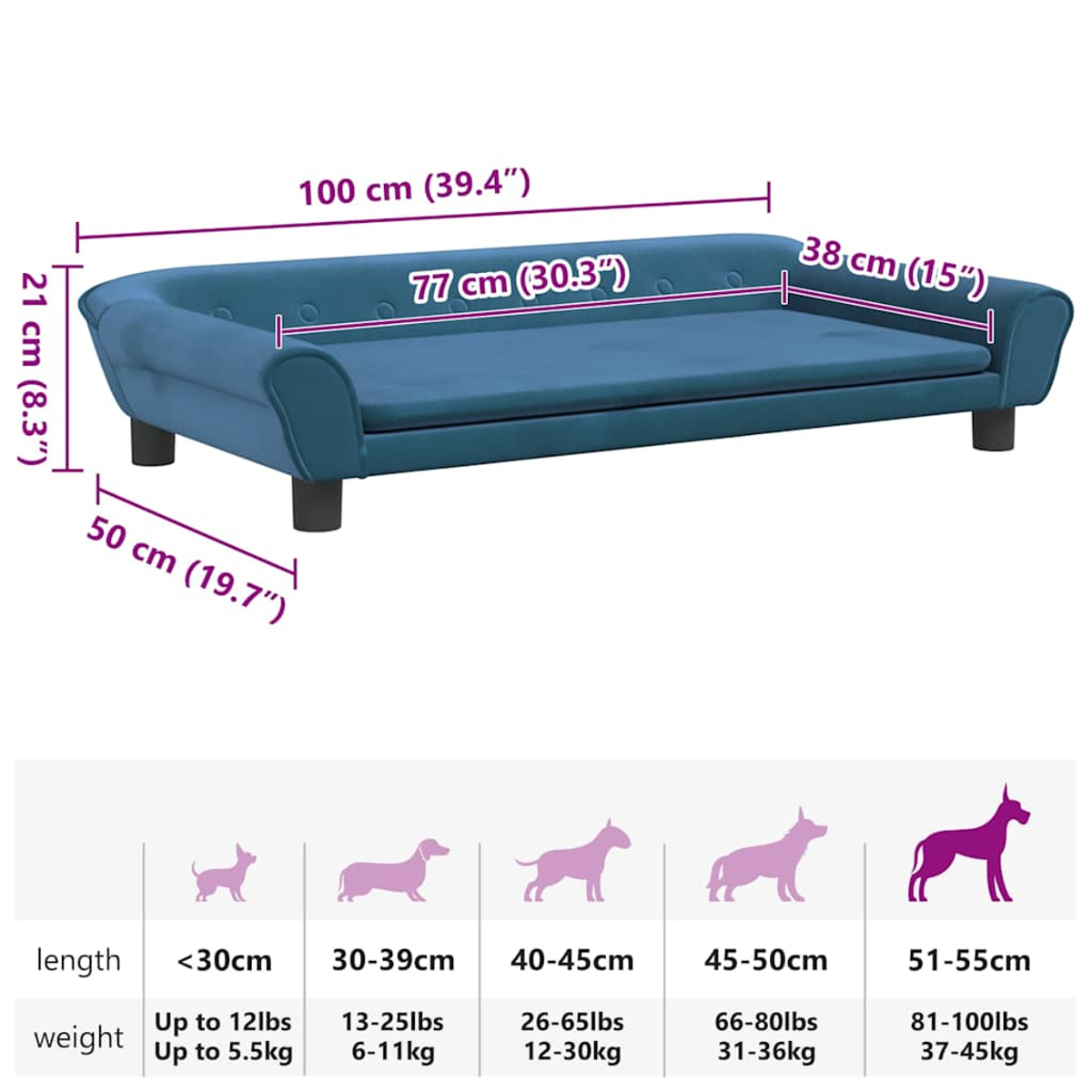 Blaues Hundesofa mit Maßen. Größentabelle für Hunde basierend auf Länge und Gewicht ist unten.