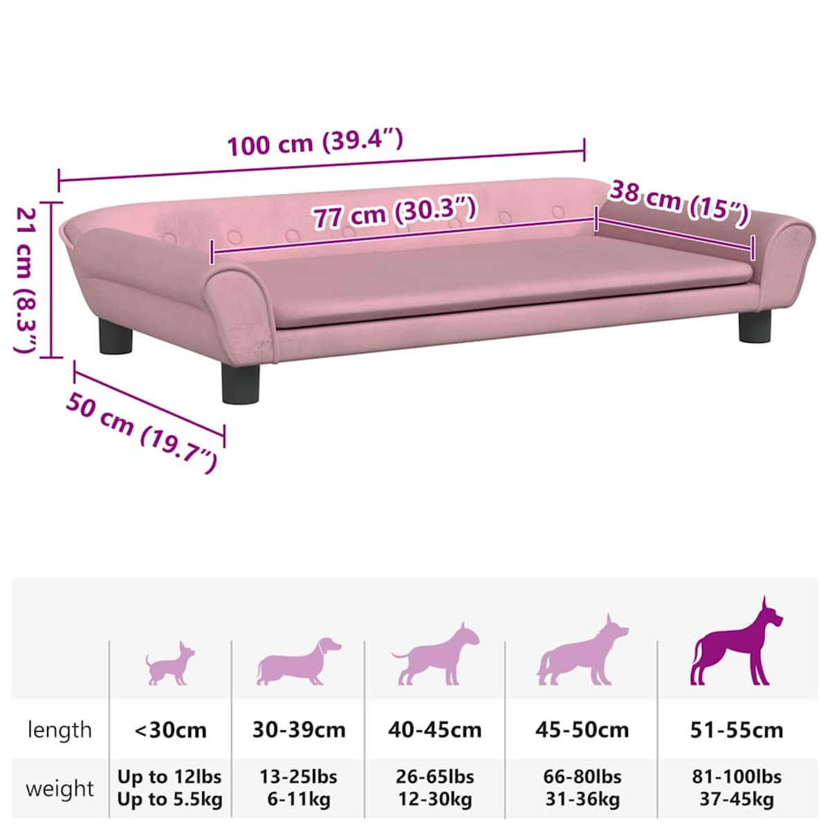Rosa Hundesofa mit Maßen. Unten Größenübersicht mit Hundesilhouetten und Längen-/Gewichtsangaben.