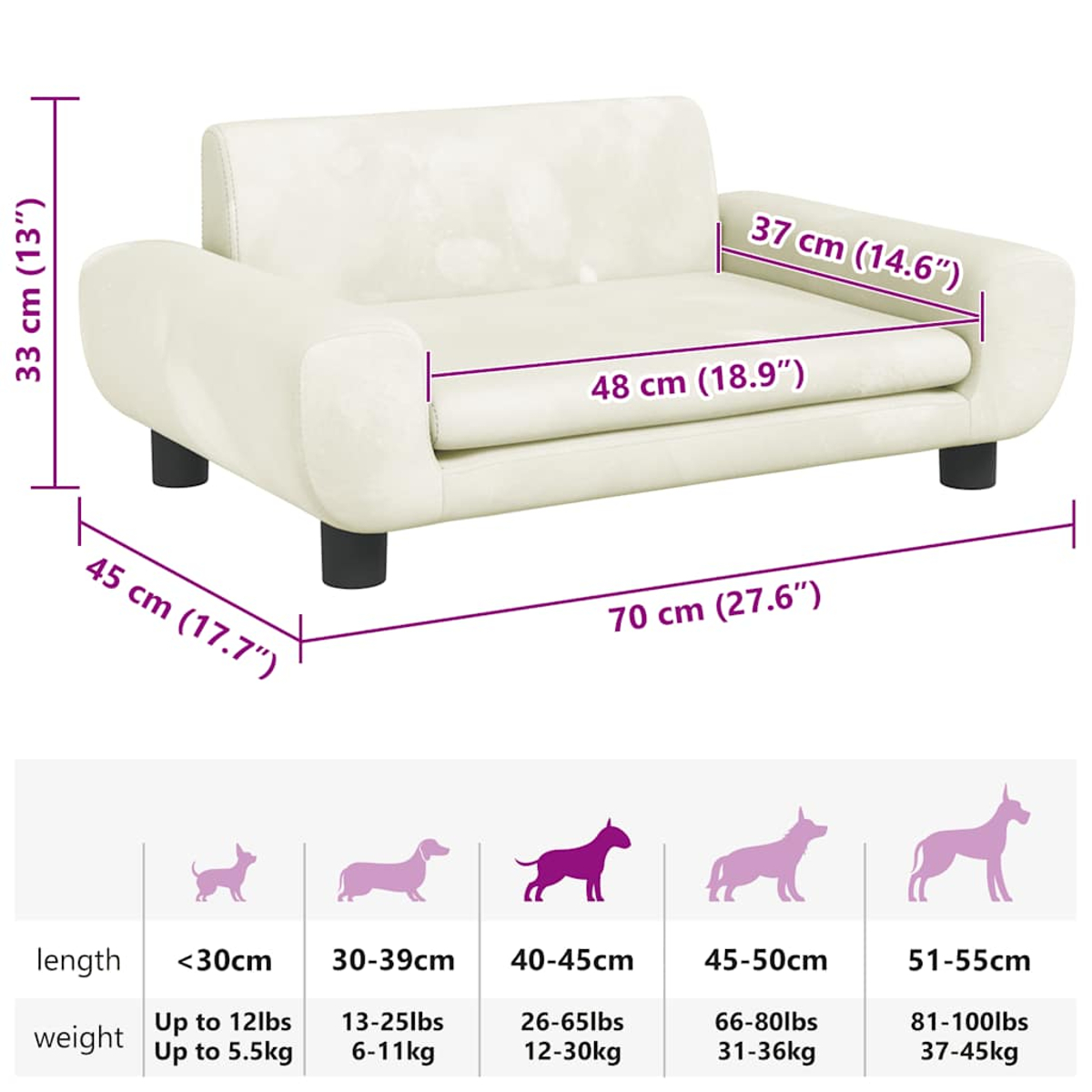 Ein cremefarbenes Hundebett mit Größenangaben. Unten sind Größentabellen für Hunde. Das Bett hat schwarze Beine.