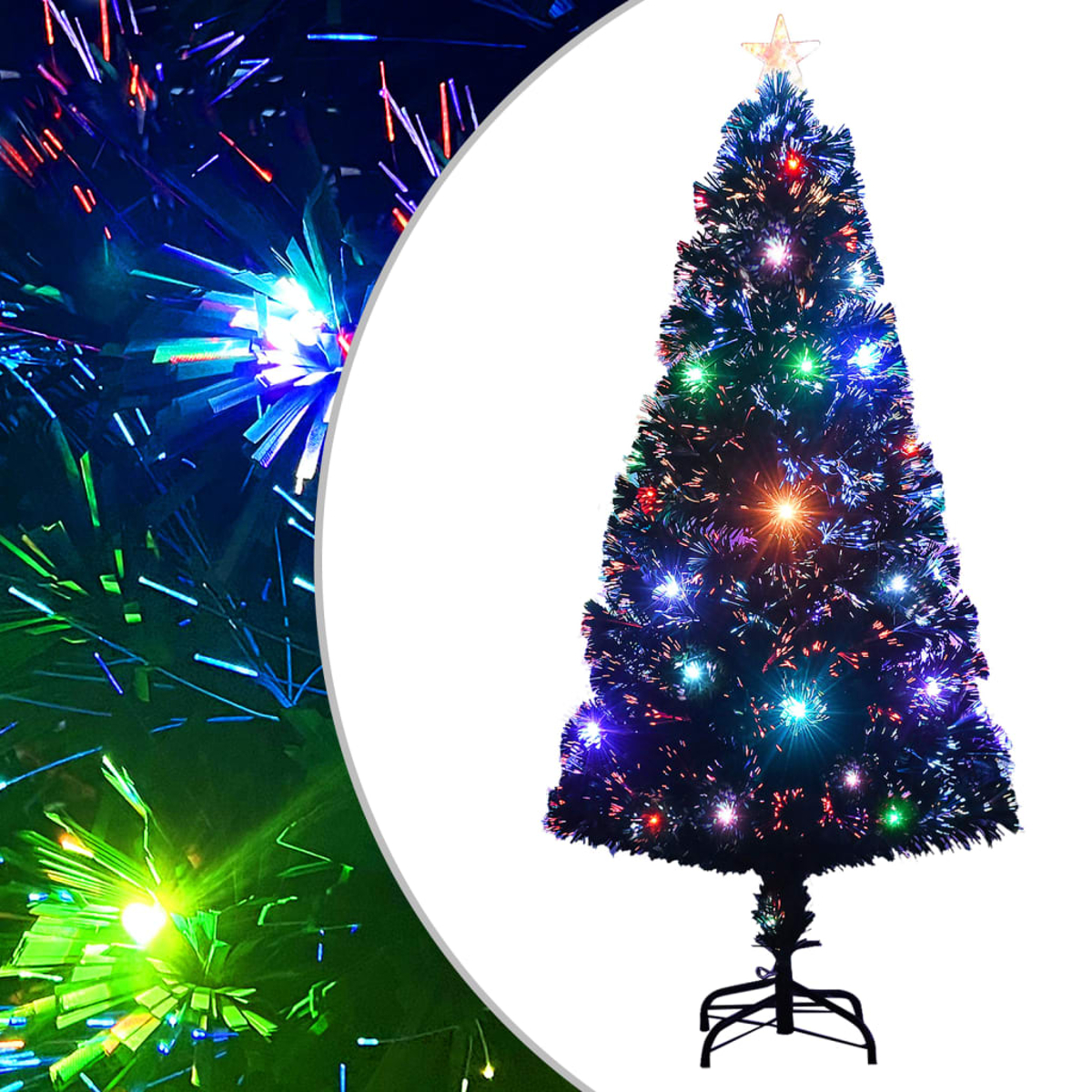 Ein Weihnachtsbaum mit Glasfaser. Er hat viele bunte Lichter und einen Stern oben. Er steht auf einem schwarzen Metallständer.