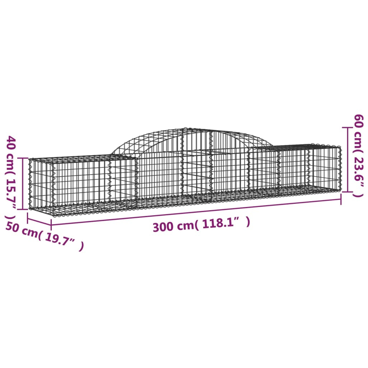 Ein Drahtkäfig, Abmessungen: 300 cm lang, 60 cm hoch und 50 cm breit. Er hat eine gewölbte Oberseite und rechteckige Abschnitte.