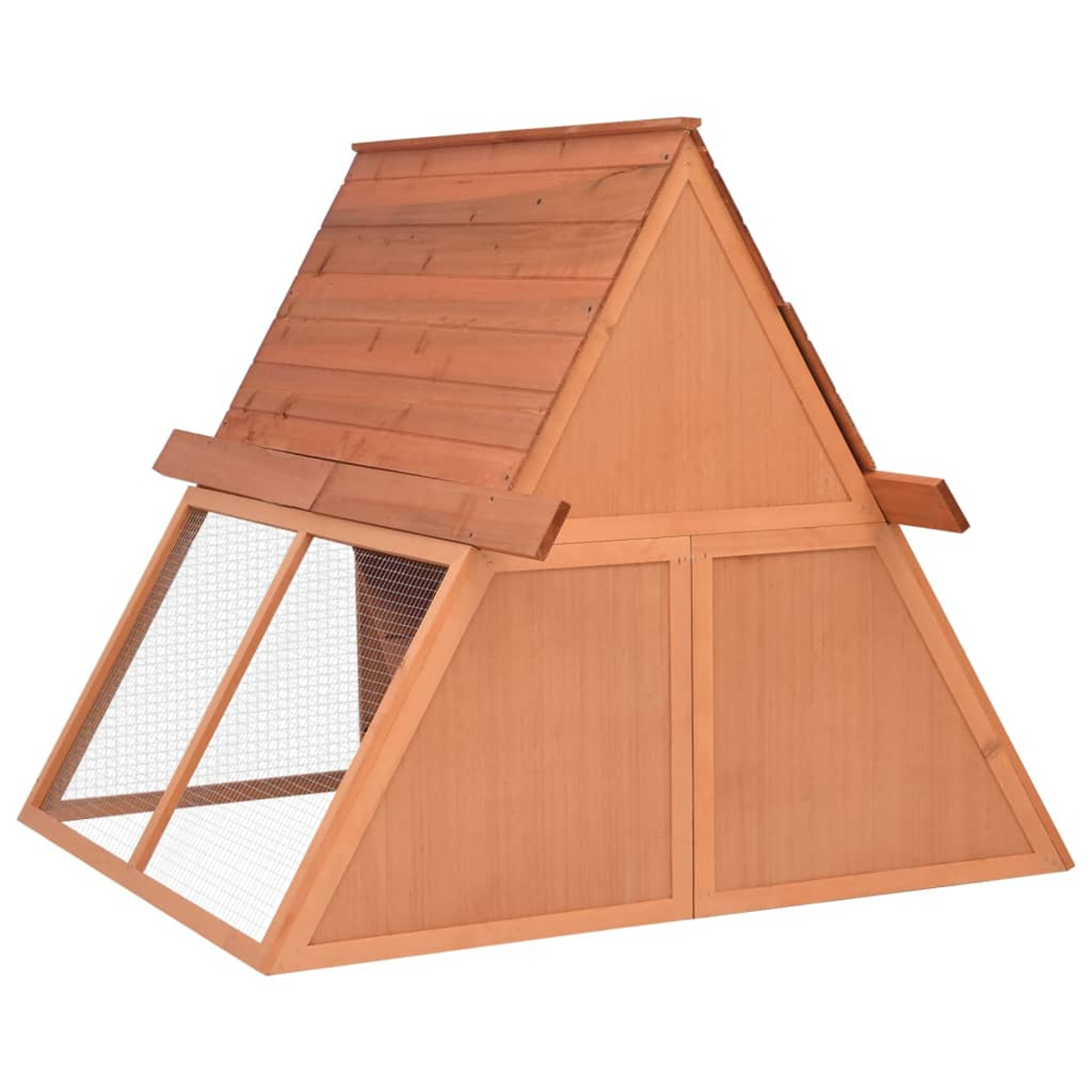 Hühnerstall aus Holz mit A-Rahmen-Design, mit einem schrägen Dach, Drahtgeflecht und Holztüren. Braune Farbe.