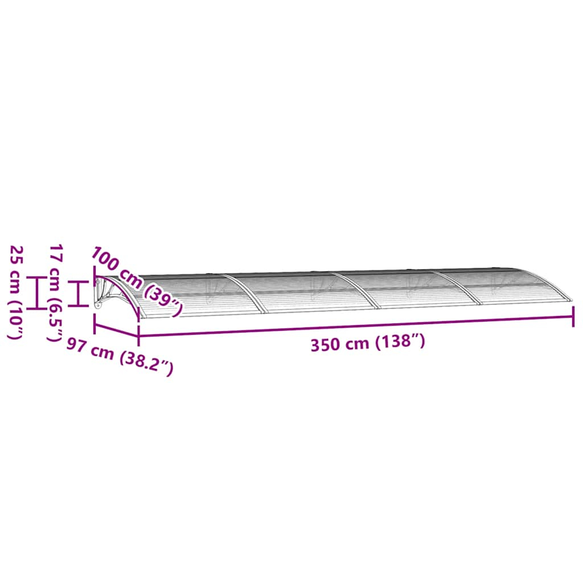 Diagramm eines Türvordachs. Maße in cm und Zoll beschriftet: Länge 350 cm, Höhe 25 cm, Tiefe 97 cm und Breite 100 cm.