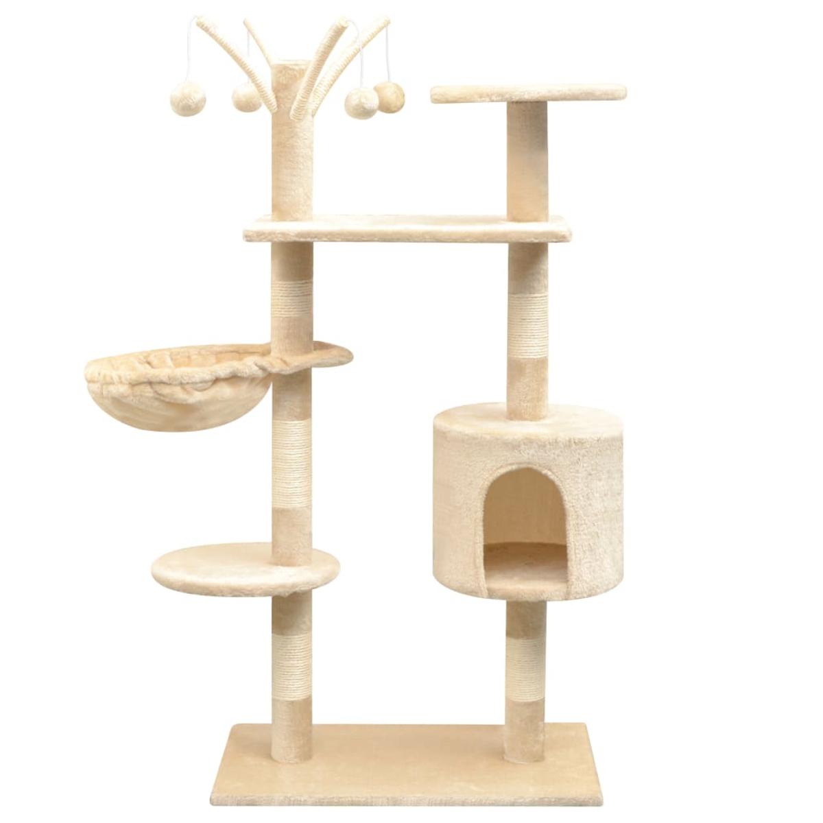 Ein beigefarbener Katzenbaum mit mehreren Ebenen, Kratzbäumen, einer Höhle, hängenden Spielzeugen und Plattformen, auf weißem Hintergrund.