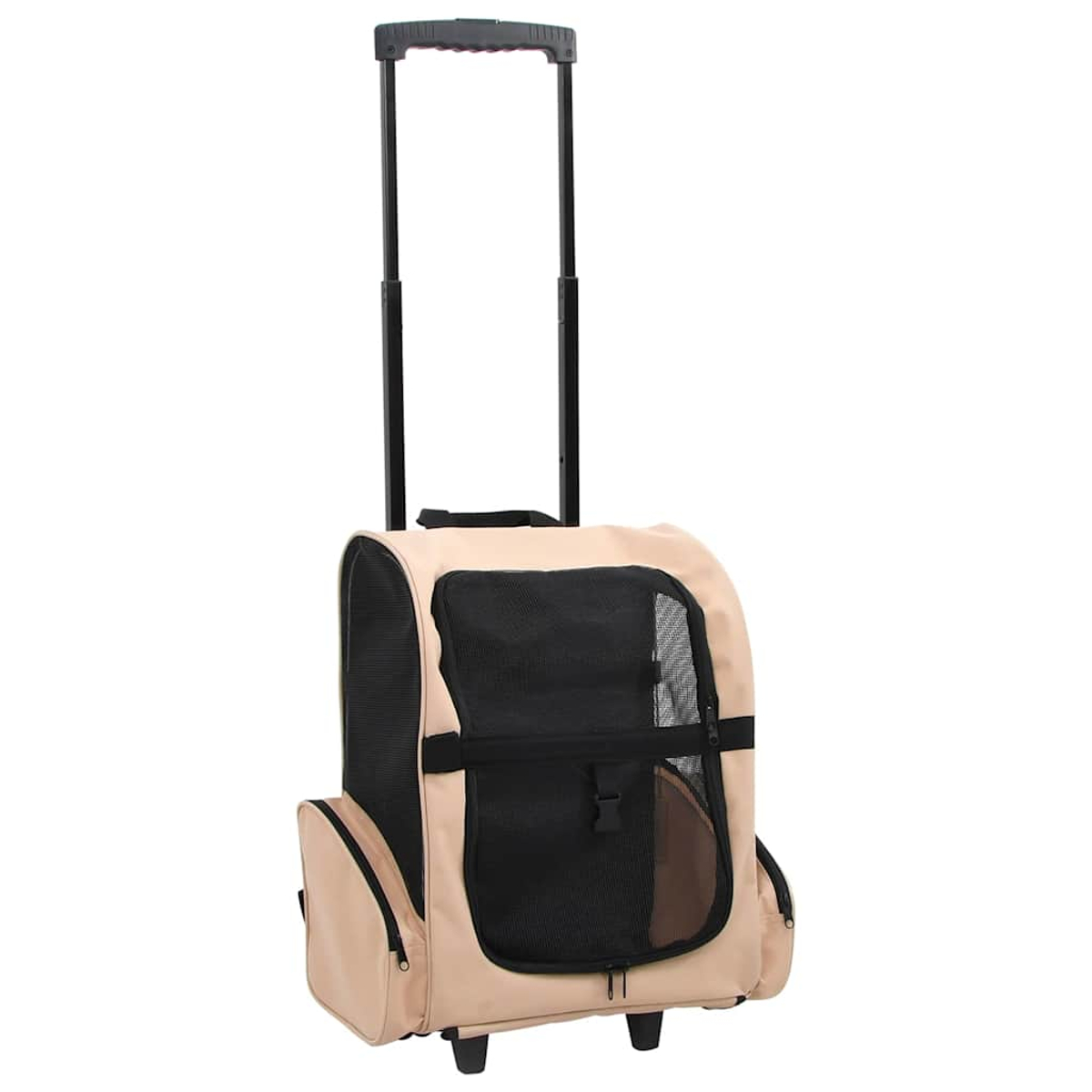 Eine beige Haustiertransporttasche mit schwarzen Netzfenstern und einem ausziehbaren Griff. Sie hat Räder für den einfachen Transport.