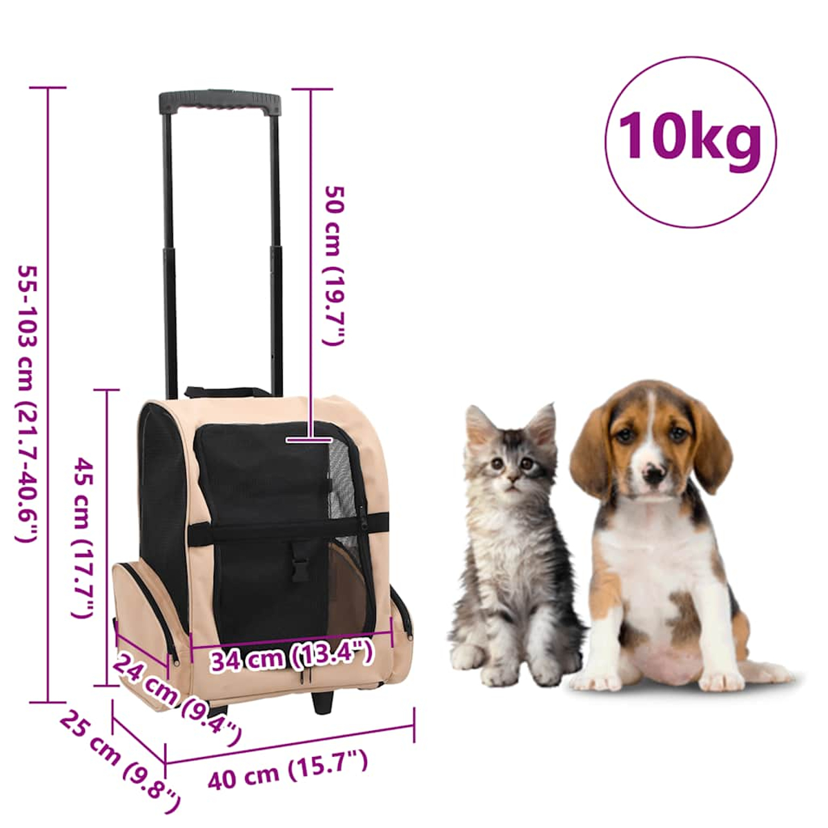 Eine beige Haustiertrage mit Maßen. Rechts sind eine Katze und ein Welpe. Ein 10kg-Kreis ist oben rechts.