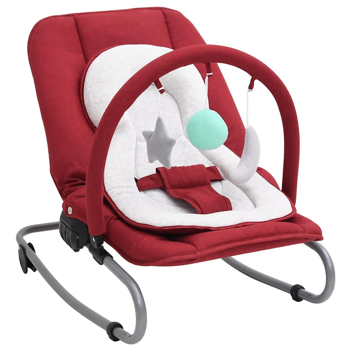 Roter Baby-Wippstuhl mit weiß gepolstertem Sitz, grauem Rahmen und Spielzeug zum Aufhängen. Mit Stern, Ball und Mond.
