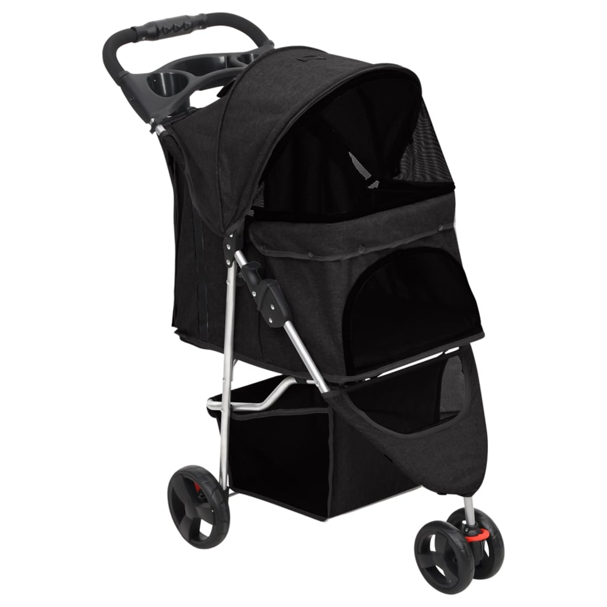 Ein schwarzer Tierkinderwagen mit Verdeck, Aufbewahrungskorb und vier Rädern. Der Griff hat Getränkehalter.