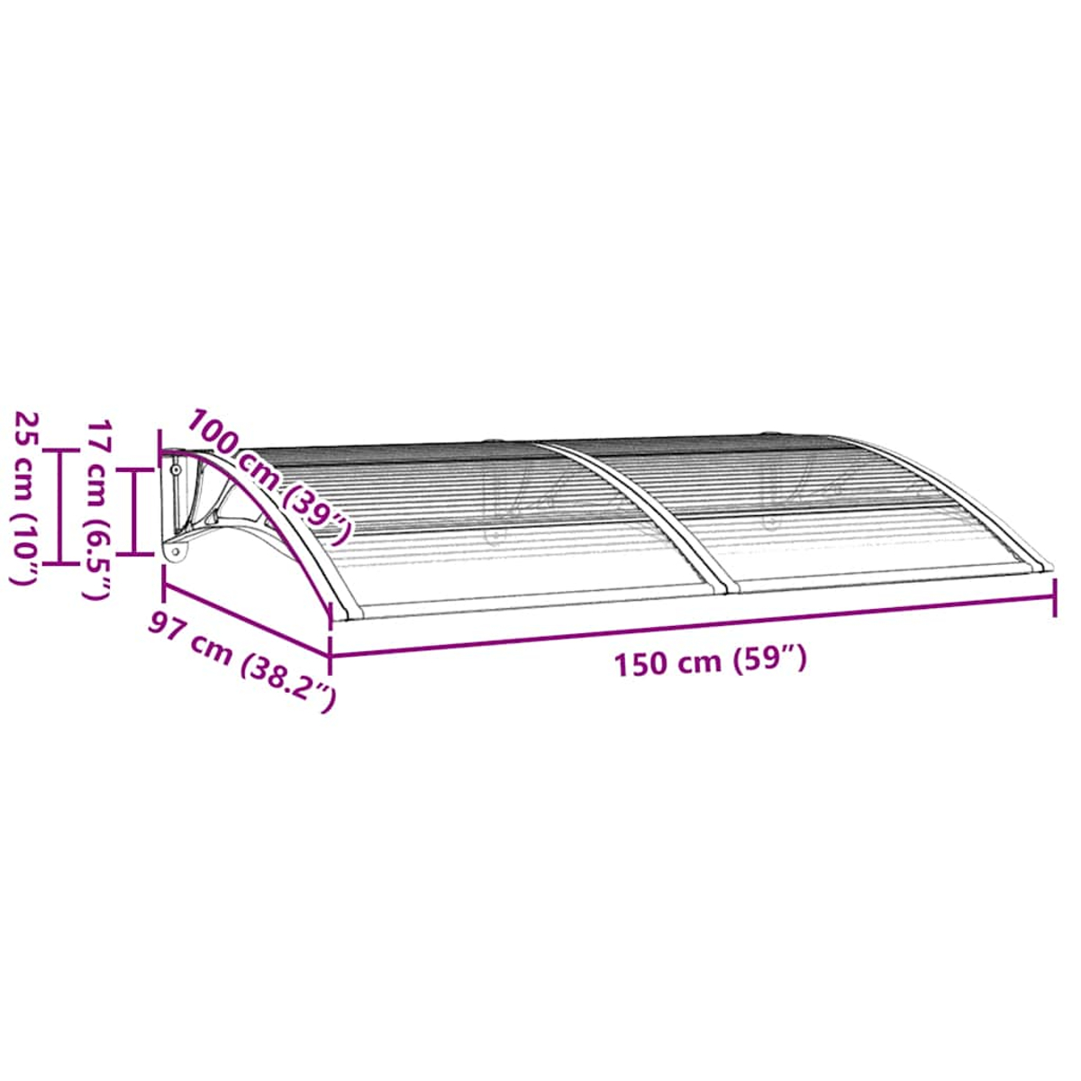 Eine Zeichnung zeigt eine graue Markise mit Maßangaben. Die Markise ist 150 cm lang, 100 cm breit und 25 cm hoch.