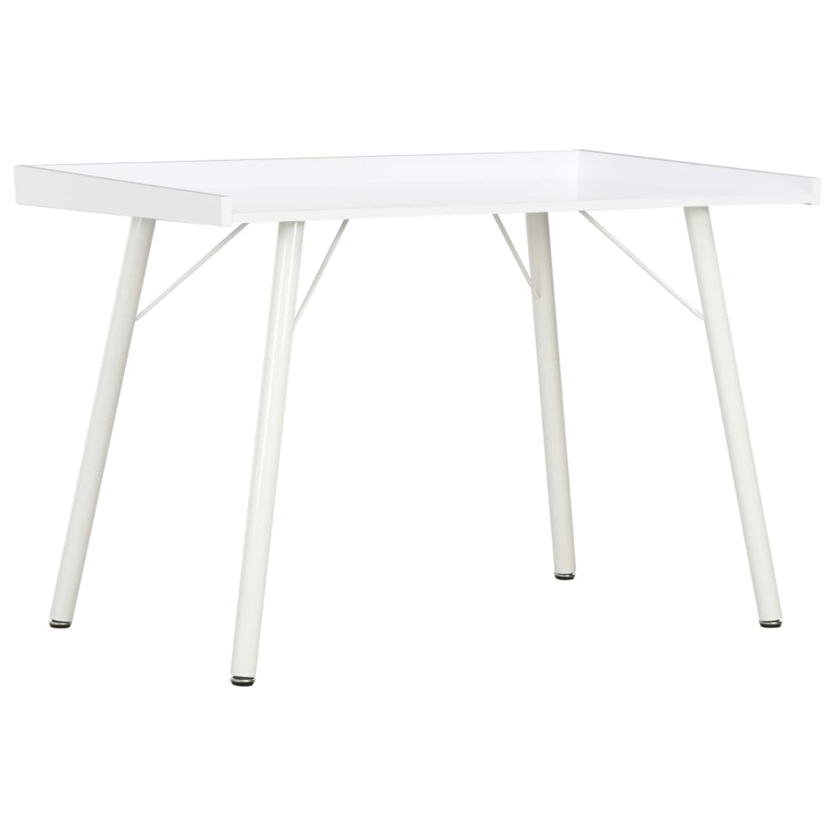Ein weißer Tisch mit quadratischer Platte und vier weißen Beinen. Die Beine sind dünn und angewinkelt. Der Hintergrund ist weiß.