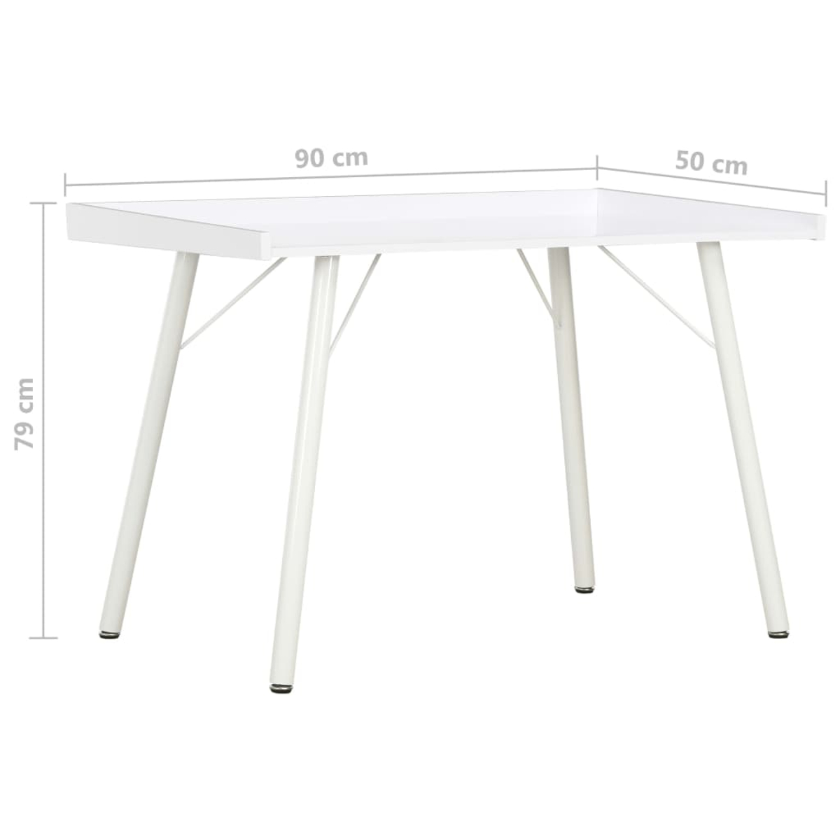 Ein weißer Tisch mit vier weißen Beinen. Die Abmessungen betragen 90 cm x 50 cm x 79 cm. Der Tisch steht vor weißem Hintergrund.