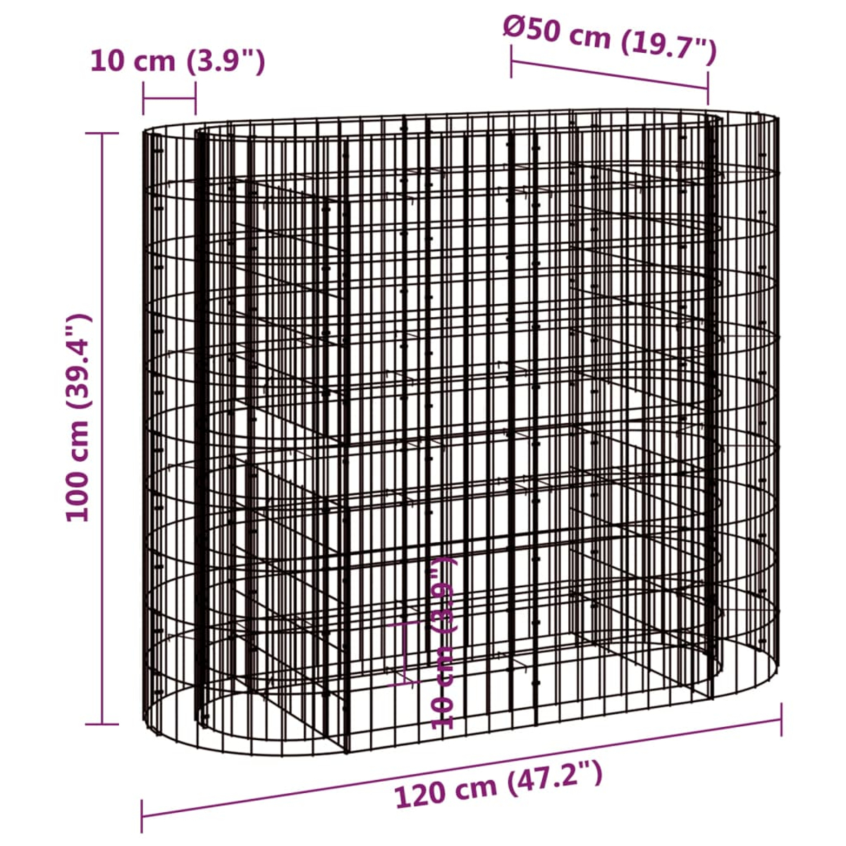 Ein schwarzer Drahtkäfig mit den angegebenen Abmessungen: 100 cm hoch, 120 cm breit, 10 cm dick und 50 cm Durchmesser. Er ist leer.