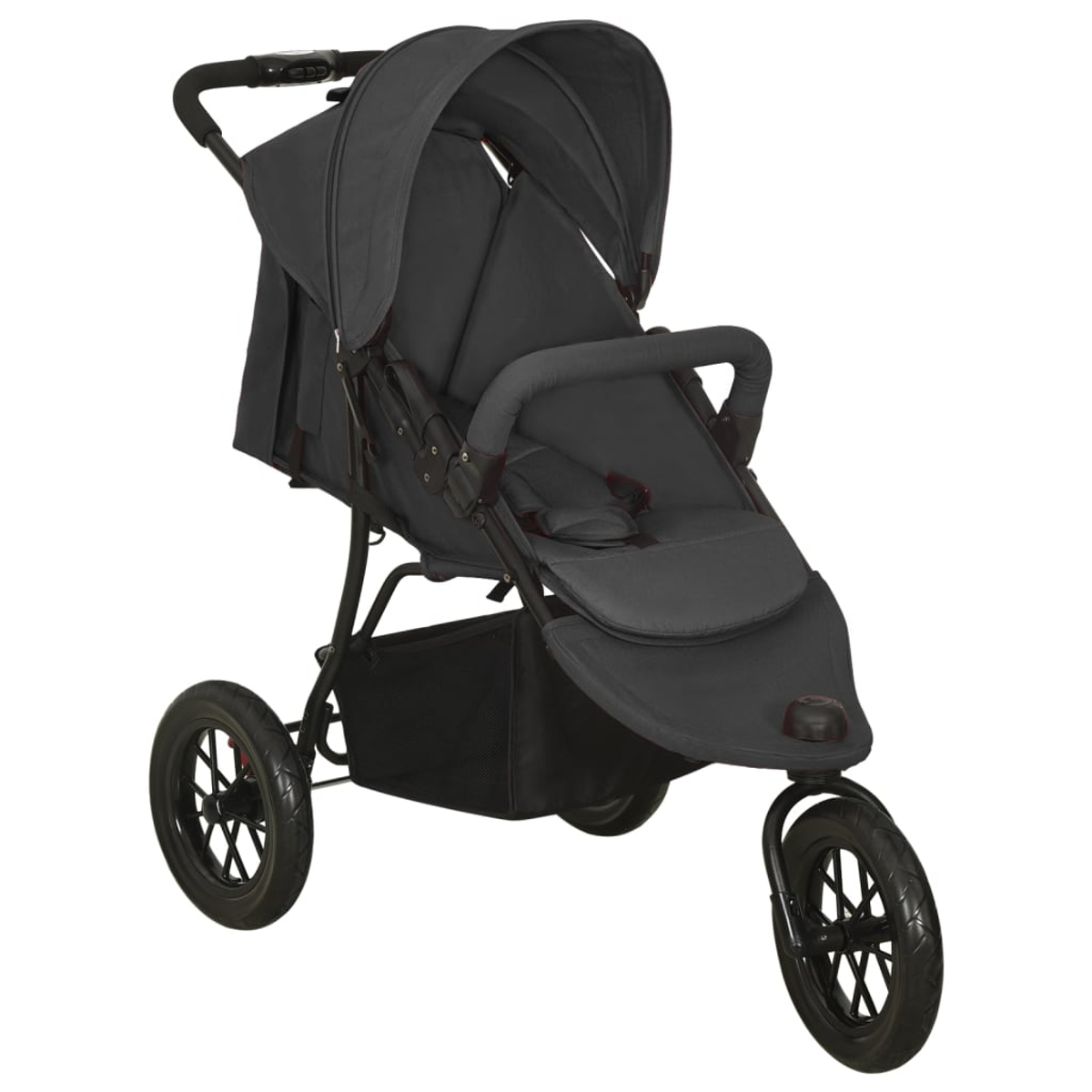 Ein dunkelgrauer Kinderwagen mit drei Rädern, einem Verdeck und einem Aufbewahrungskorb. Er befindet sich auf weißem Hintergrund.