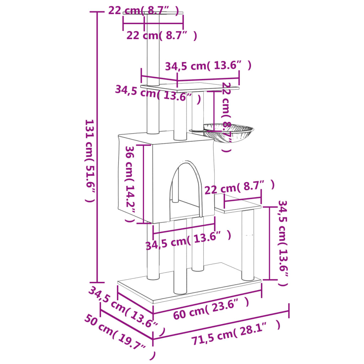 Ein beiger Katzenbaum mit mehreren Plattformen, einem Haus und Kratzbäumen. Maße sind in Zentimetern und Zoll angegeben.
