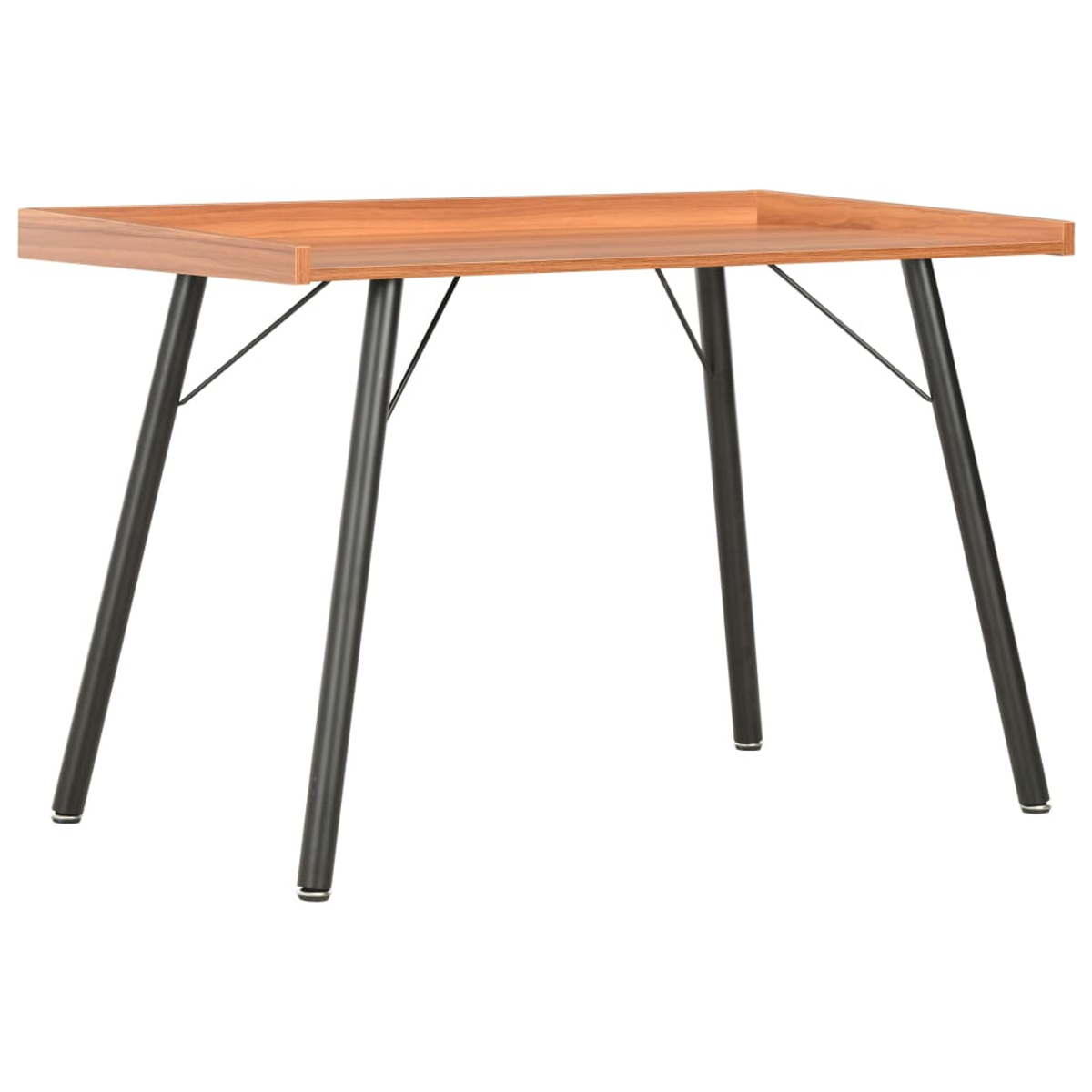 Ein rechteckiger Holztisch mit schwarzen Metallbeinen. Die Tischplatte ist braun und die Beine sind dünn und abgewinkelt.