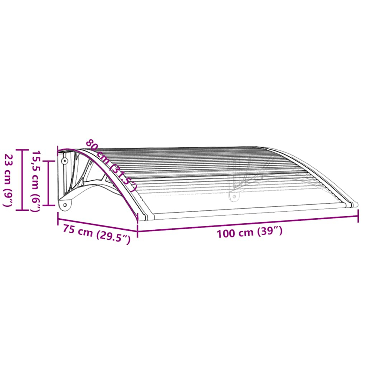 Eine Zeichnung einer Markise. Abmessungen sind beschriftet: 100 cm (39"), 75 cm (29.5"), 80 cm (31.5"), 23 cm (9"), und 15.5 cm (6").