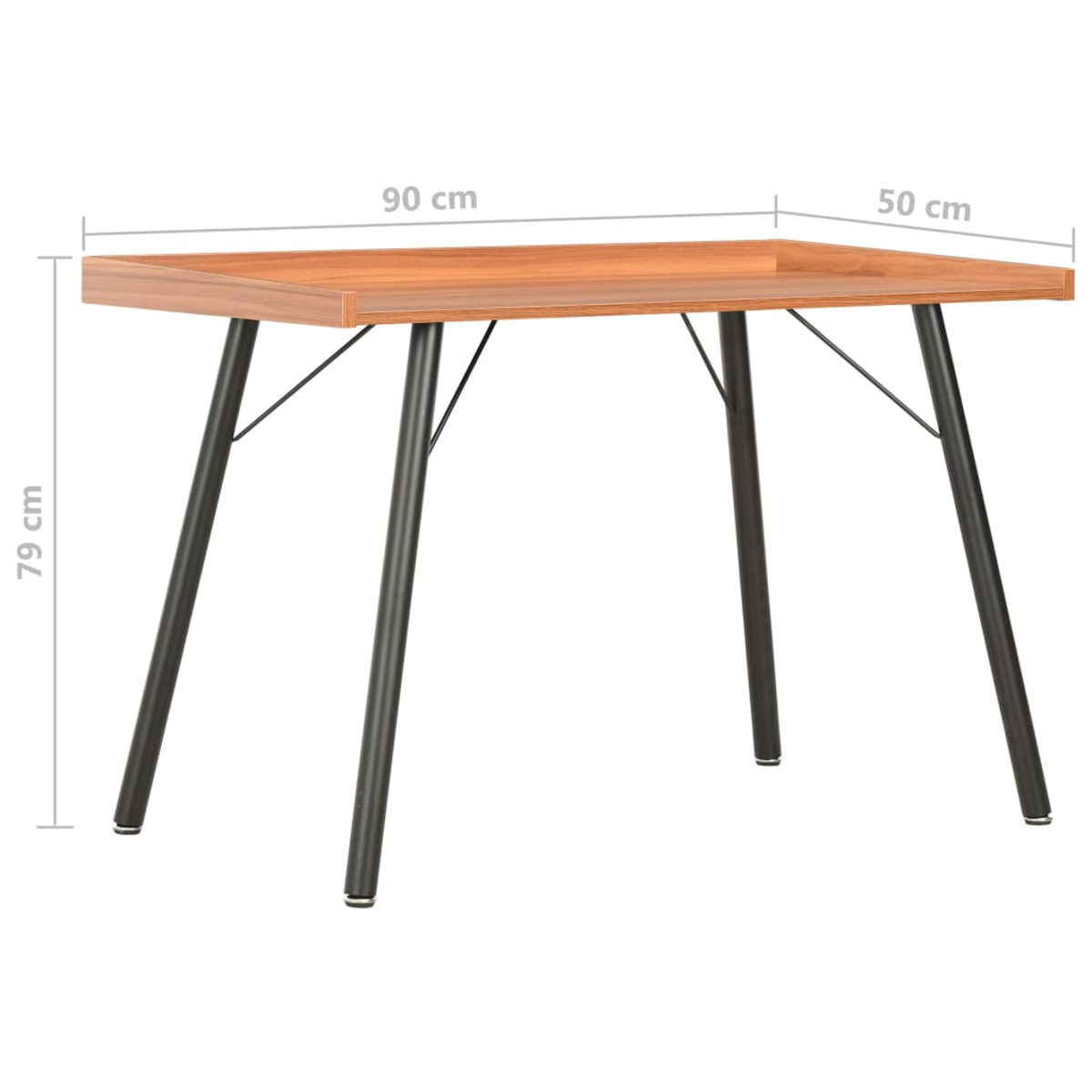 Ein Holztisch mit schwarzen Beinen. Die Abmessungen sind angegeben: 90 cm x 50 cm x 79 cm. Der Tisch steht auf weißem Hintergrund.