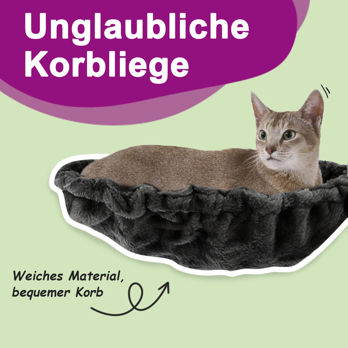 Eine graue Katze liegt in einem dunkelgrauen, flauschigen Haustierbett. Text auf Deutsch lautet 'Unglaubliche Korb'. Der Hintergrund ist hellgrün.