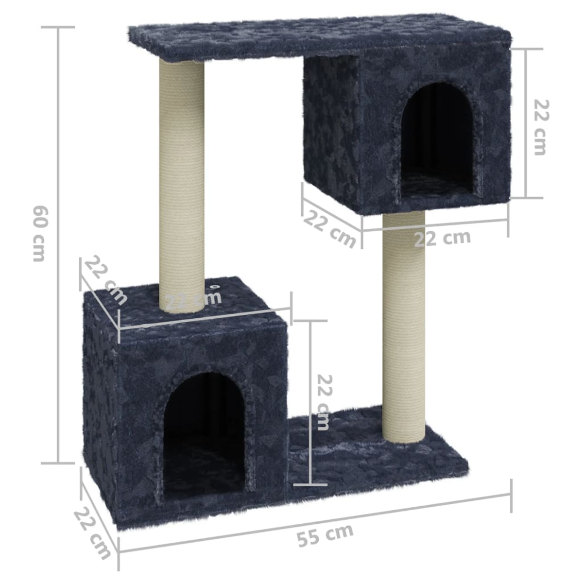 Ein blauer Katzenbaum mit zwei Höhlen, zwei Kratzpfosten und Maßen in Zentimetern.